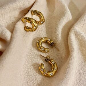 Women's Gold Plated Round Half Hoop Earrings with Cubic Zirconia Gems